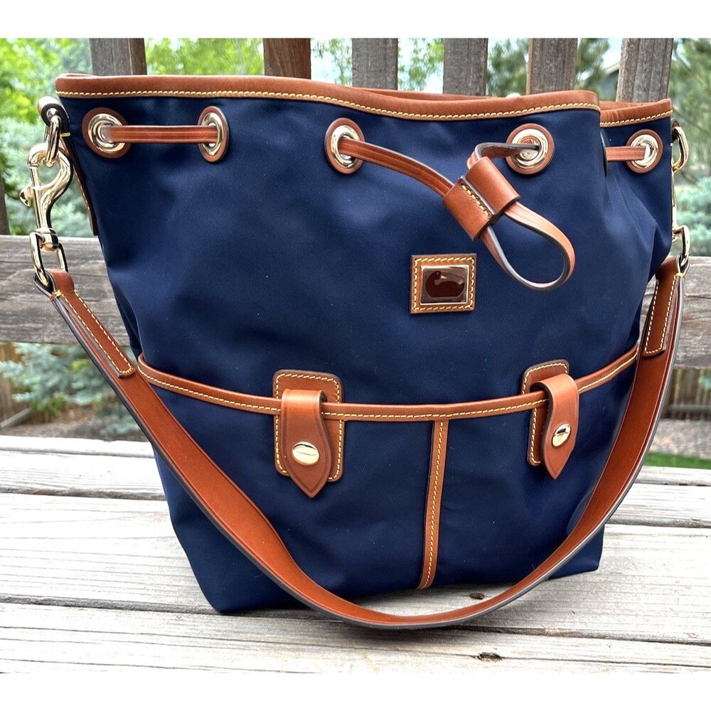 Dooney & Bourke Wayfarer Large Nylon Drawstring Bucket Bag Leather Trim Navy